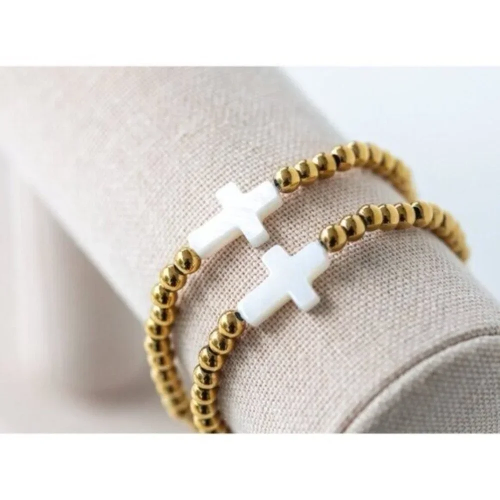 BUNDLE TWO Matching Bracelet set Pearl Cross Non-Tarnish Gold Beaded Mommy & Me